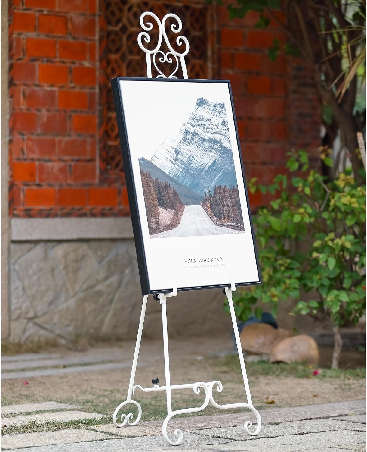 Metal Free Standing Adjustable Display Stand Scroll Easel with Chain Support, White Easel Stand for Sign, Wedding, Picture Frame. (No Installation Required)